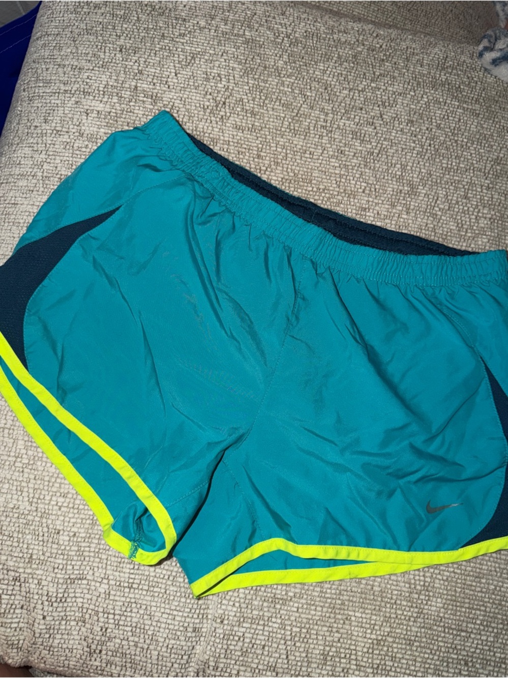 Nike Teal Athletic Shorts with Neon Yellow Trim